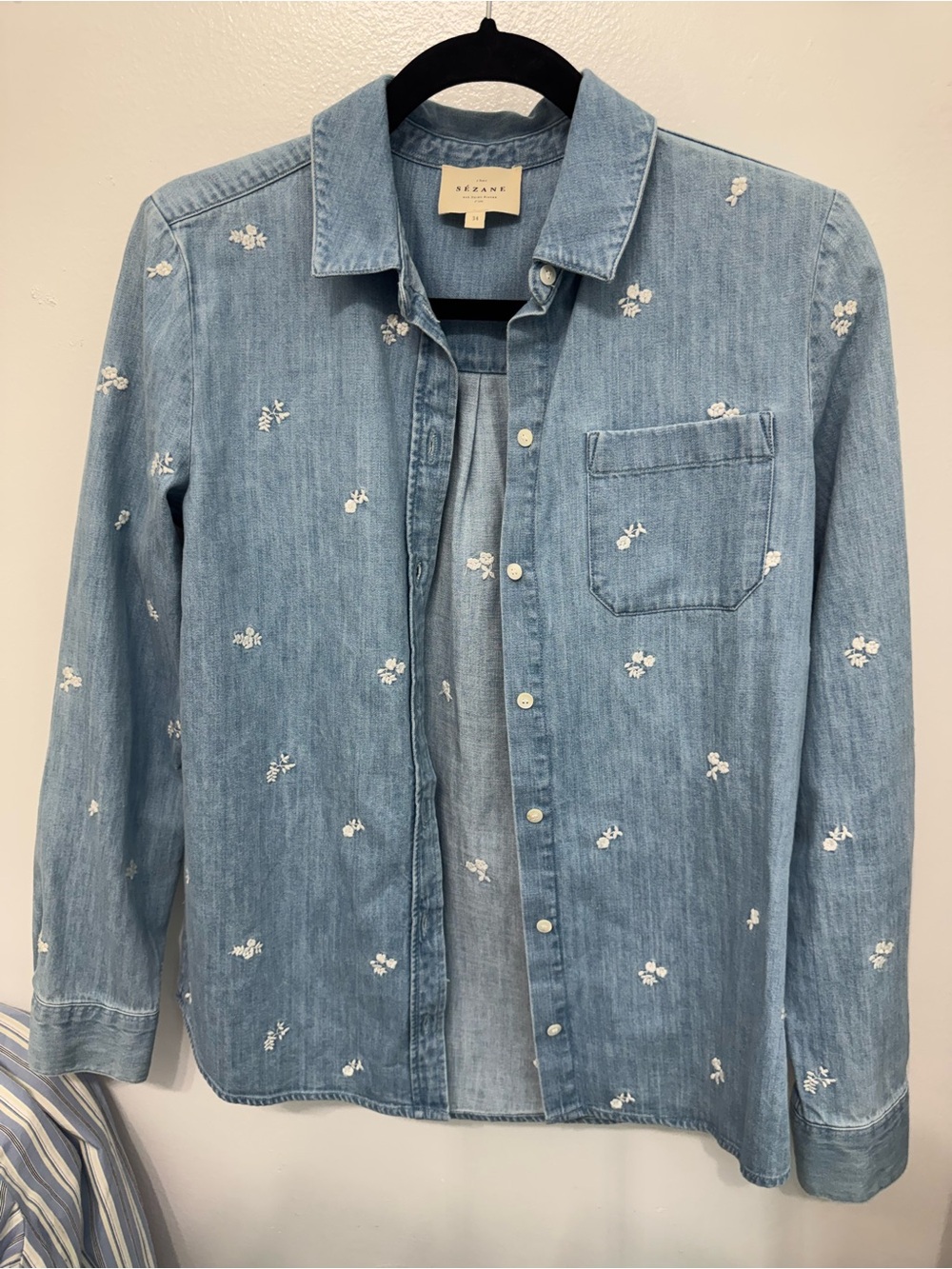 Sézane Light Wash Embroidered Denim Shirt
